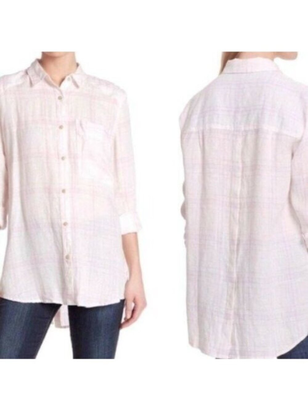 Free People Linen Plaid Button Down Blouse Small Pink White sz S